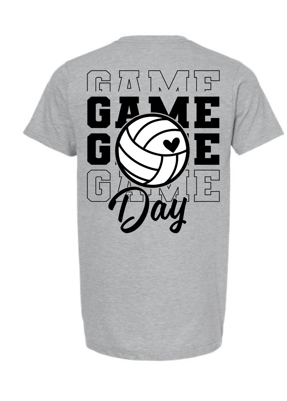 Gray t-shirt with 'Game Day' text and volleyball graphic on a white background